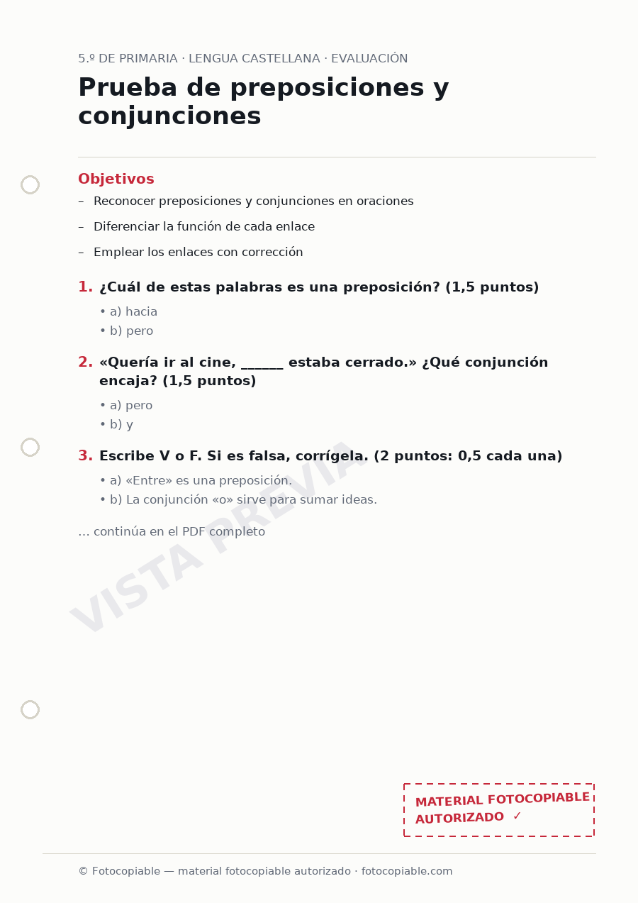 Vista previa de la ficha «Prueba de preposiciones y conjunciones»