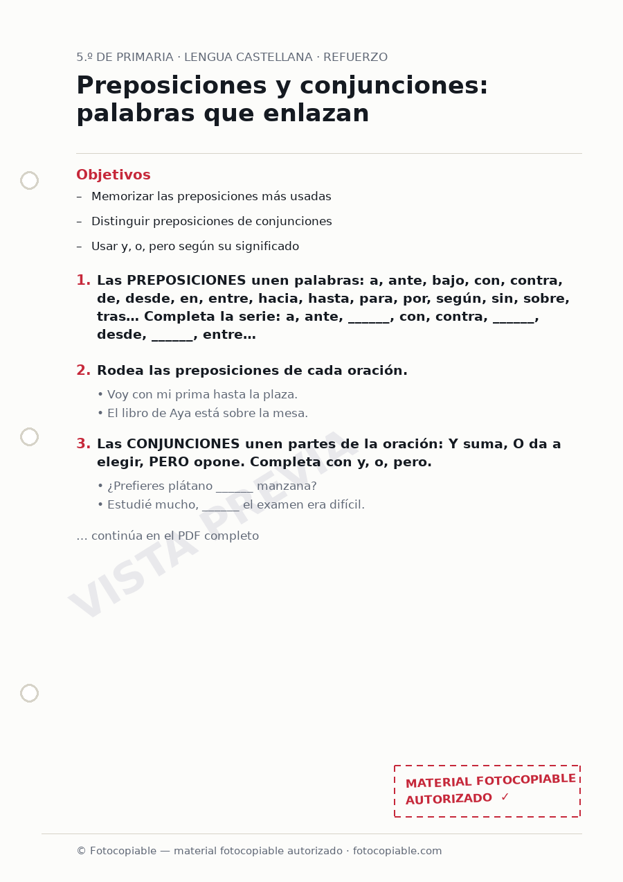 Vista previa de la ficha «Preposiciones y conjunciones: palabras que enlazan»