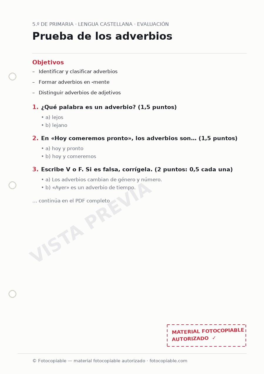 Vista previa de la ficha «Prueba de los adverbios»