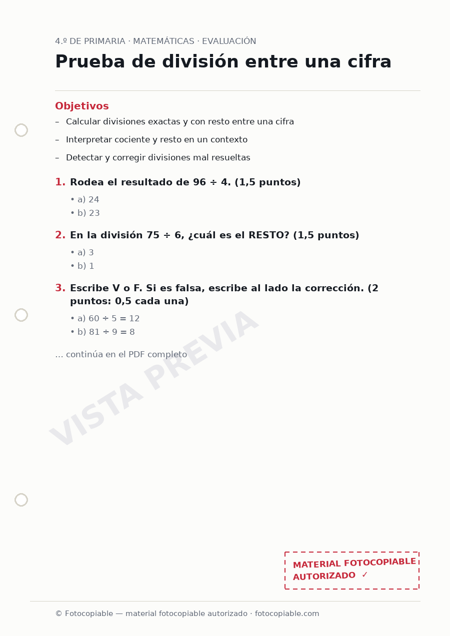 Vista previa de la ficha «Prueba de división entre una cifra»