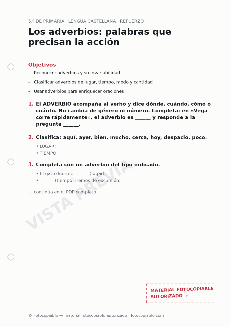 Vista previa de la ficha «Los adverbios: palabras que precisan la acción»