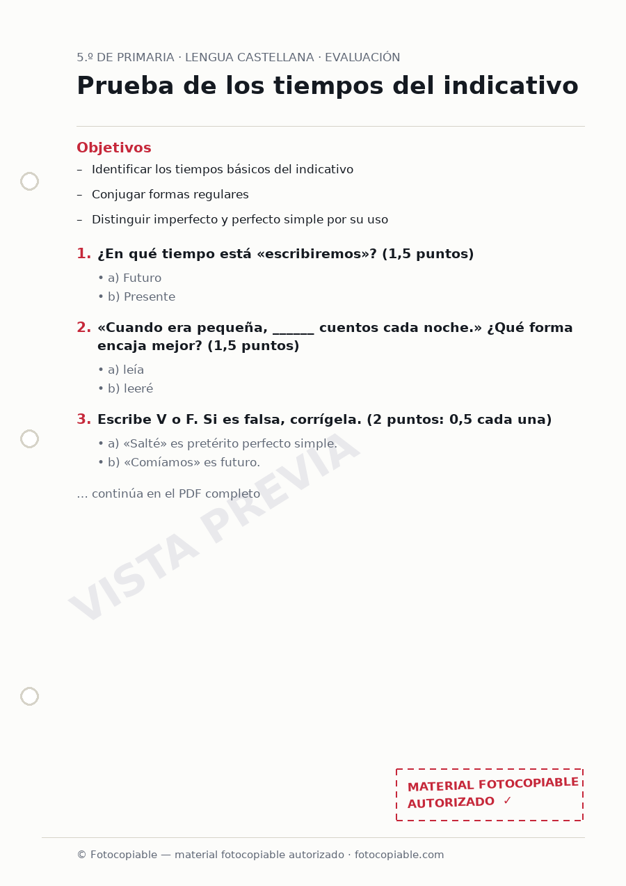 Vista previa de la ficha «Prueba de los tiempos del indicativo»