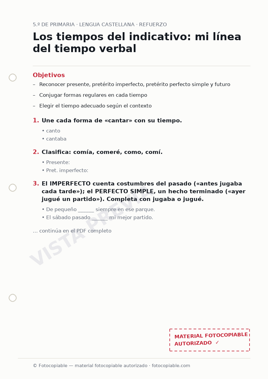Vista previa de la ficha «Los tiempos del indicativo: mi línea del tiempo verbal»