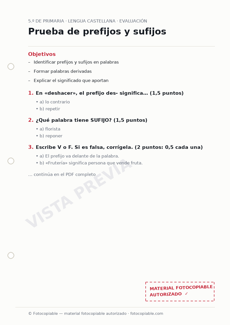 Vista previa de la ficha «Prueba de prefijos y sufijos»