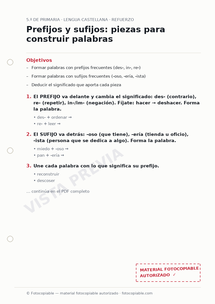 Vista previa de la ficha «Prefijos y sufijos: piezas para construir palabras»
