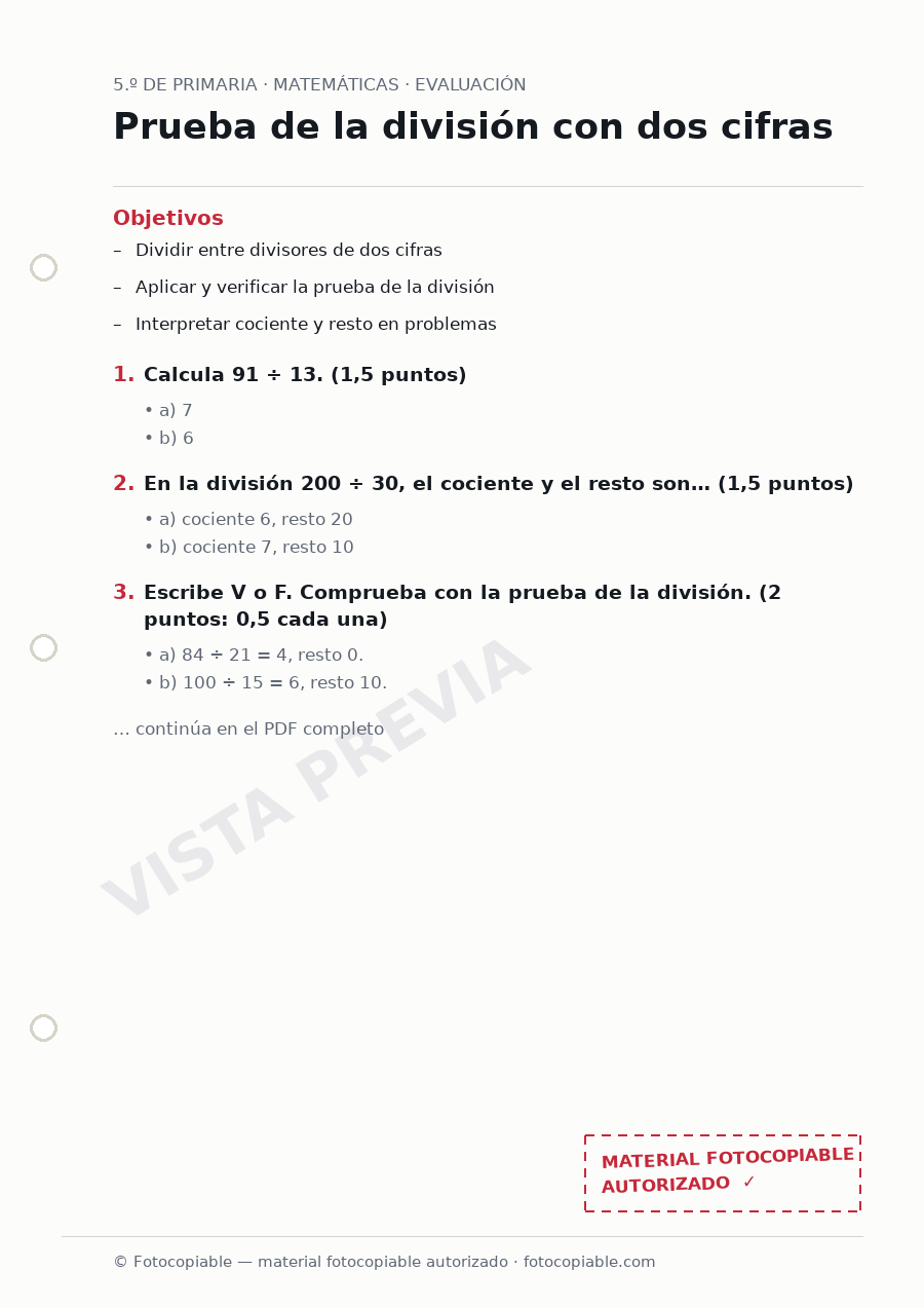 Vista previa de la ficha «Prueba de la división con dos cifras»