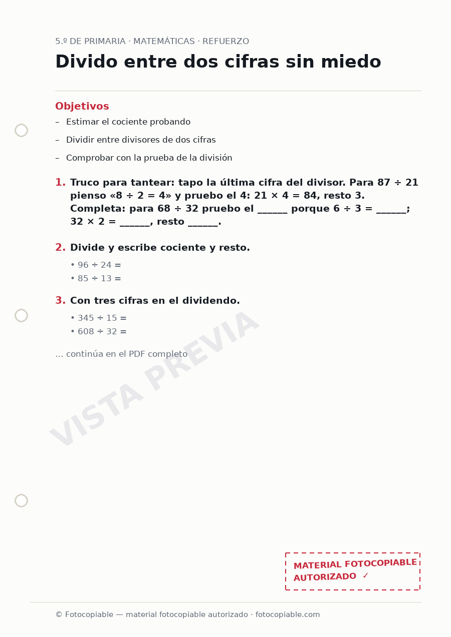 Vista previa de la ficha «Divido entre dos cifras sin miedo»