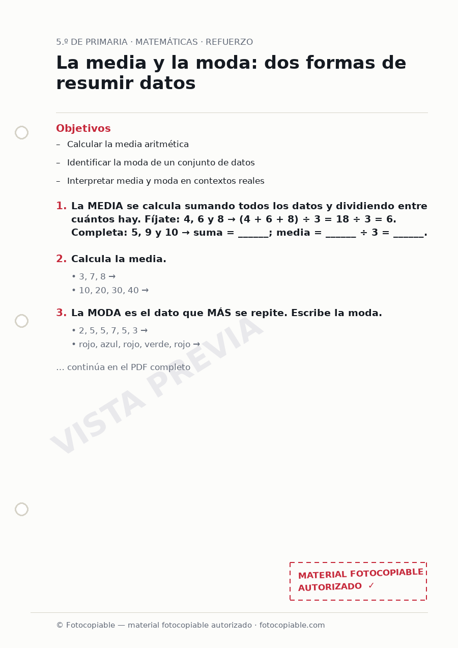 Vista previa de la ficha «La media y la moda: dos formas de resumir datos»