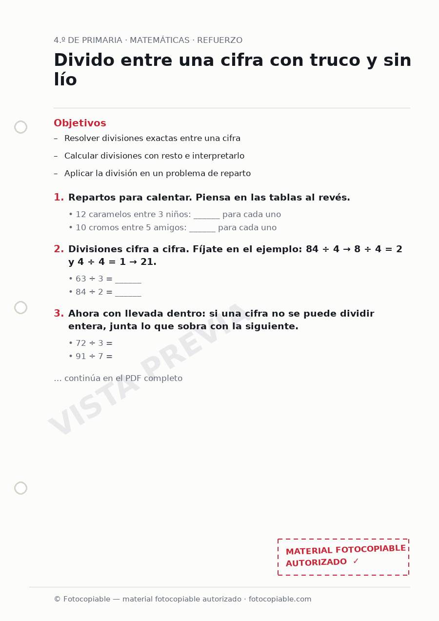 Vista previa de la ficha «Divido entre una cifra con truco y sin lío»