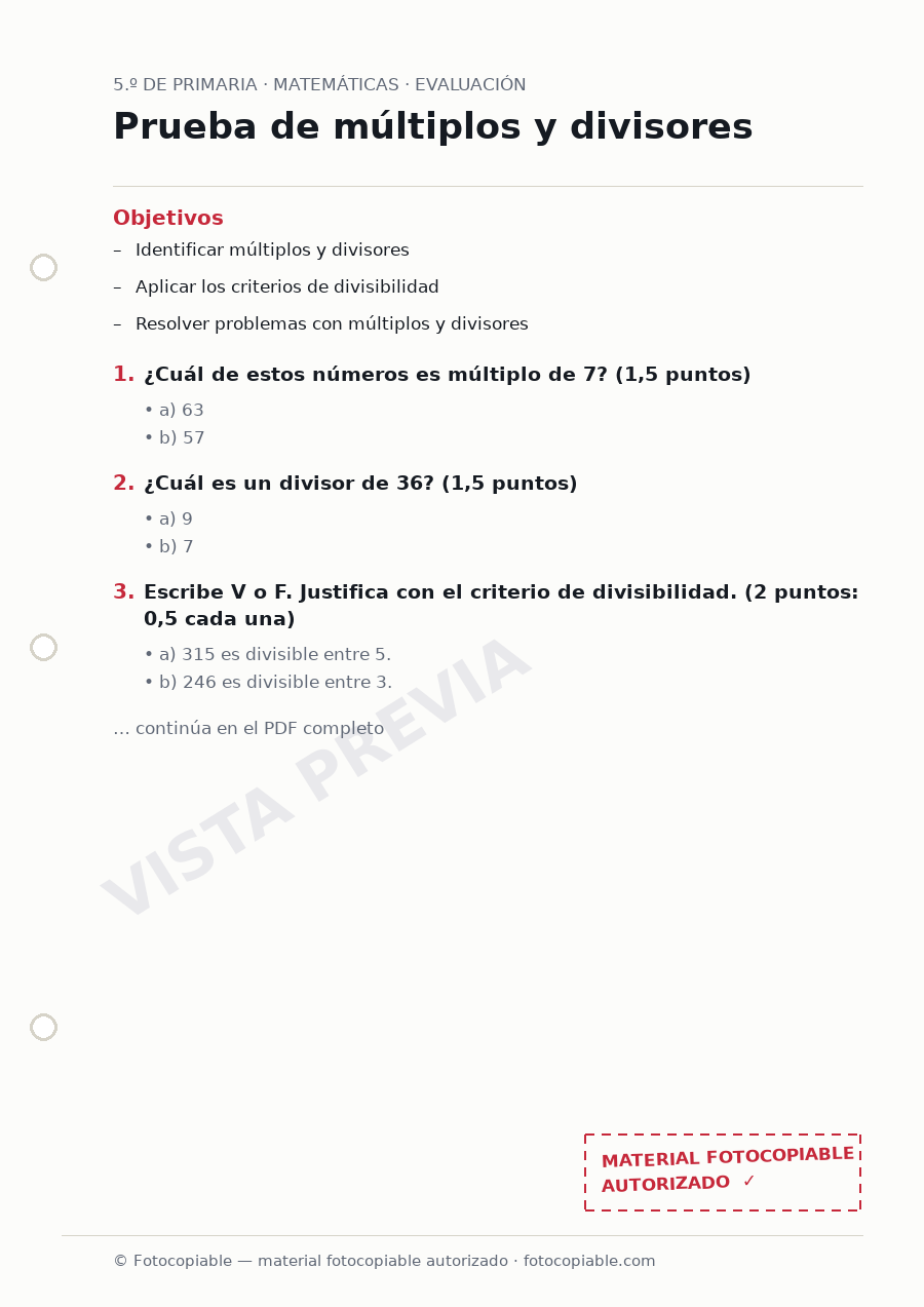 Vista previa de la ficha «Prueba de múltiplos y divisores»