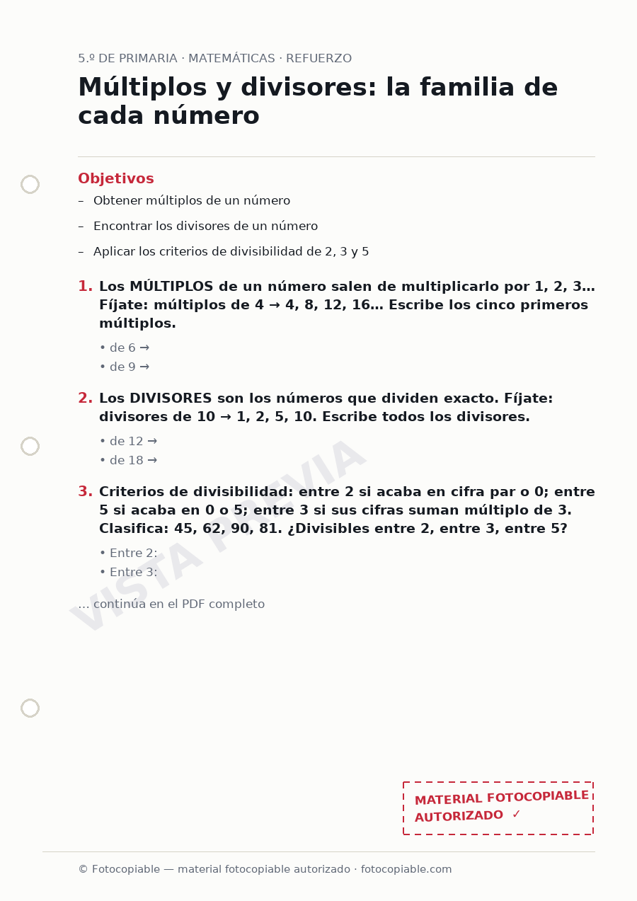 Vista previa de la ficha «Múltiplos y divisores: la familia de cada número»