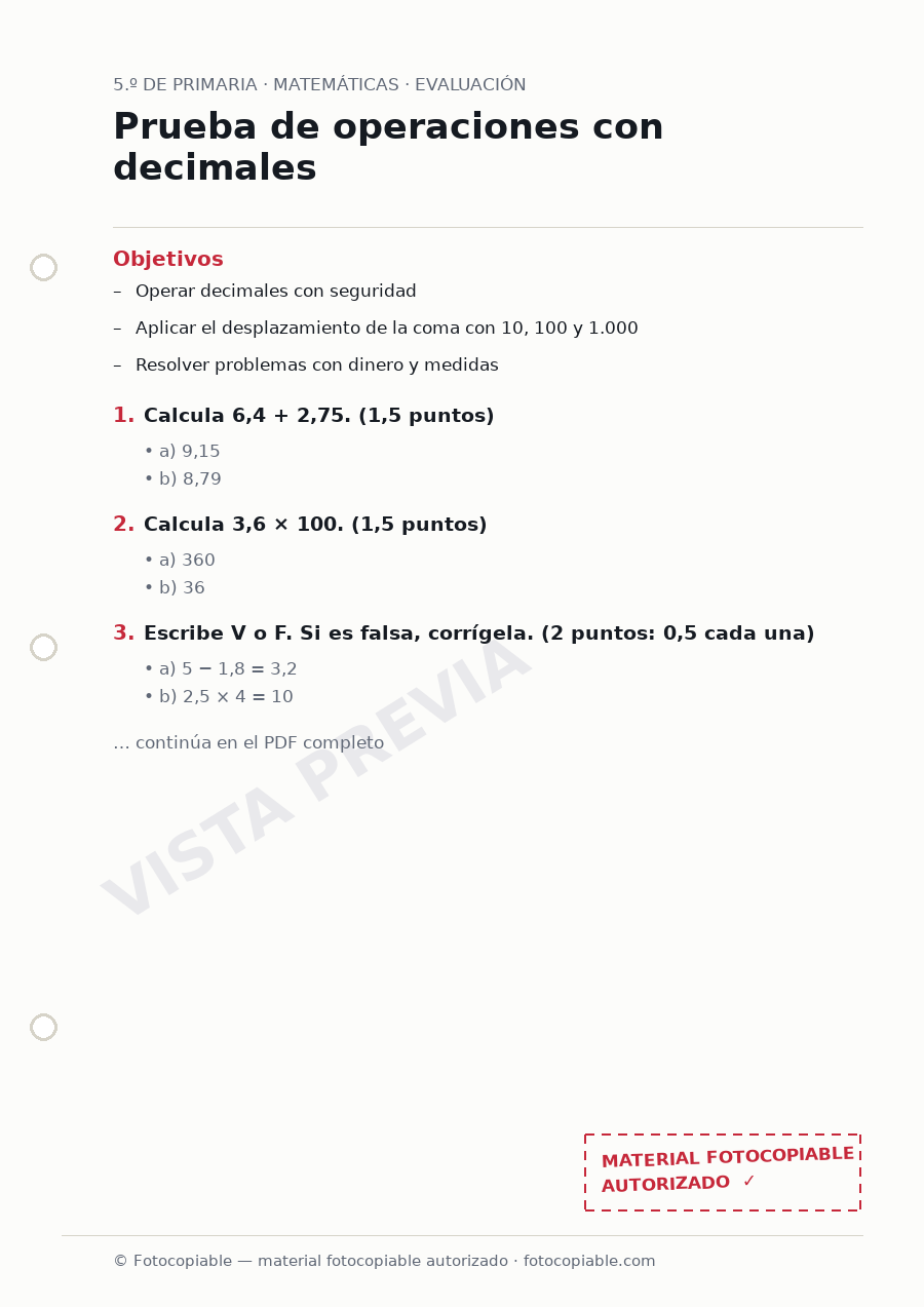 Vista previa de la ficha «Prueba de operaciones con decimales»