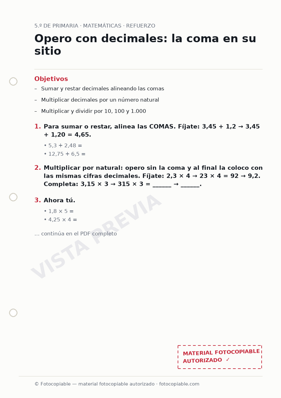 Vista previa de la ficha «Opero con decimales: la coma en su sitio»