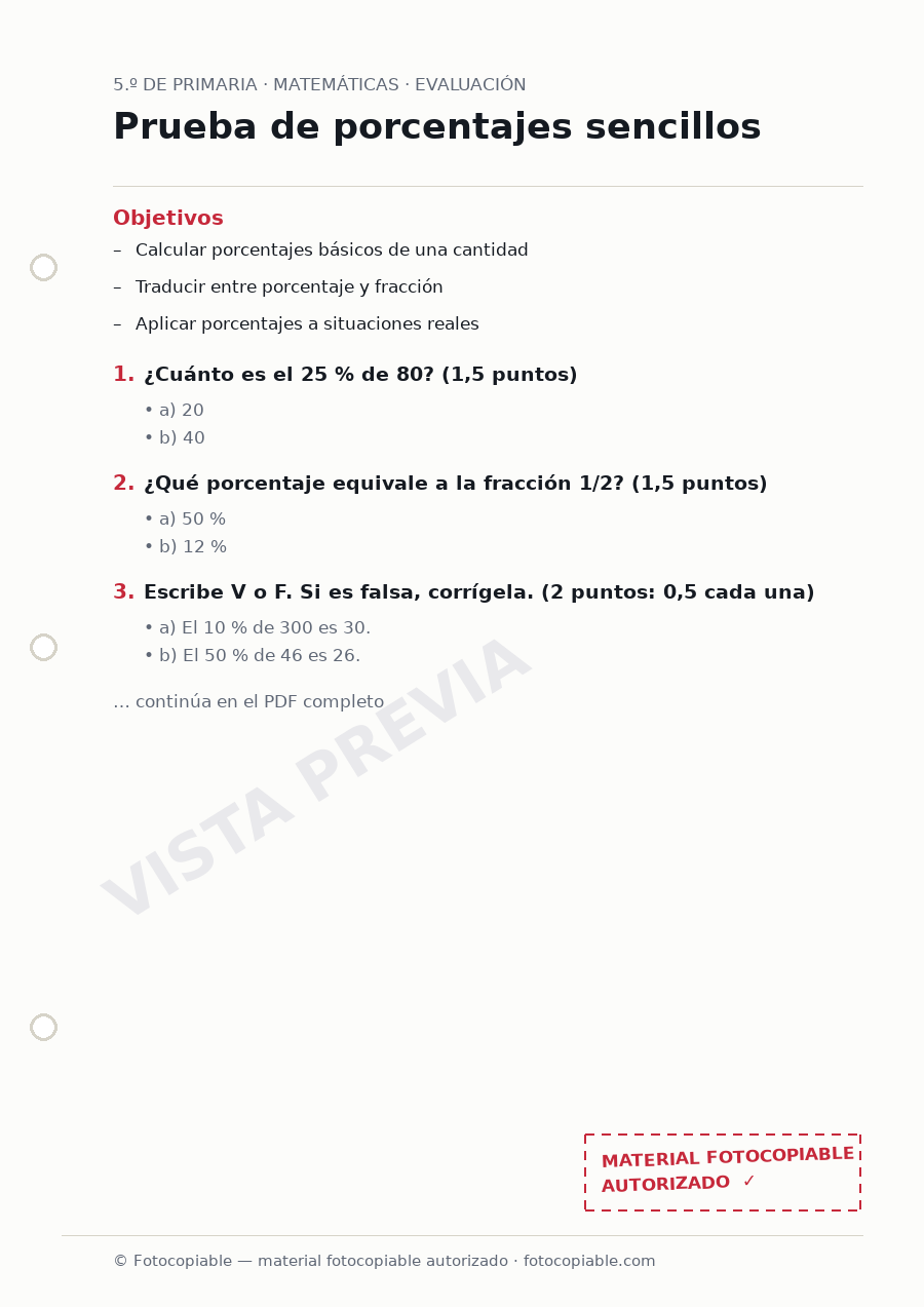 Vista previa de la ficha «Prueba de porcentajes sencillos»