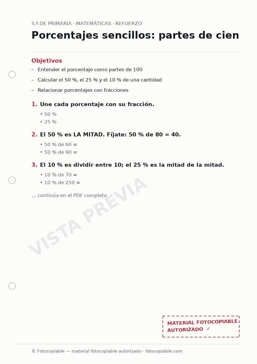 Vista previa de la ficha «Porcentajes sencillos: partes de cien»