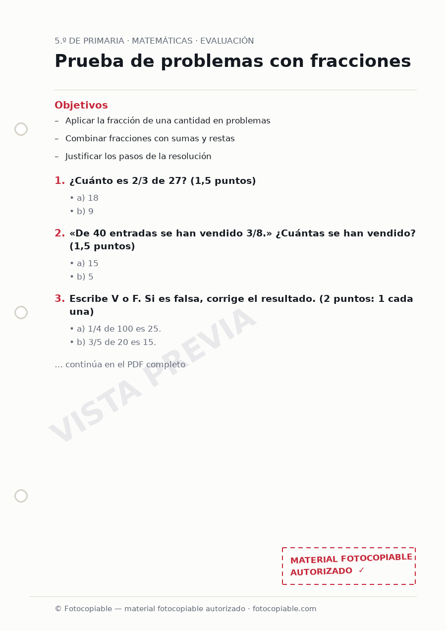 Vista previa de la ficha «Prueba de problemas con fracciones»
