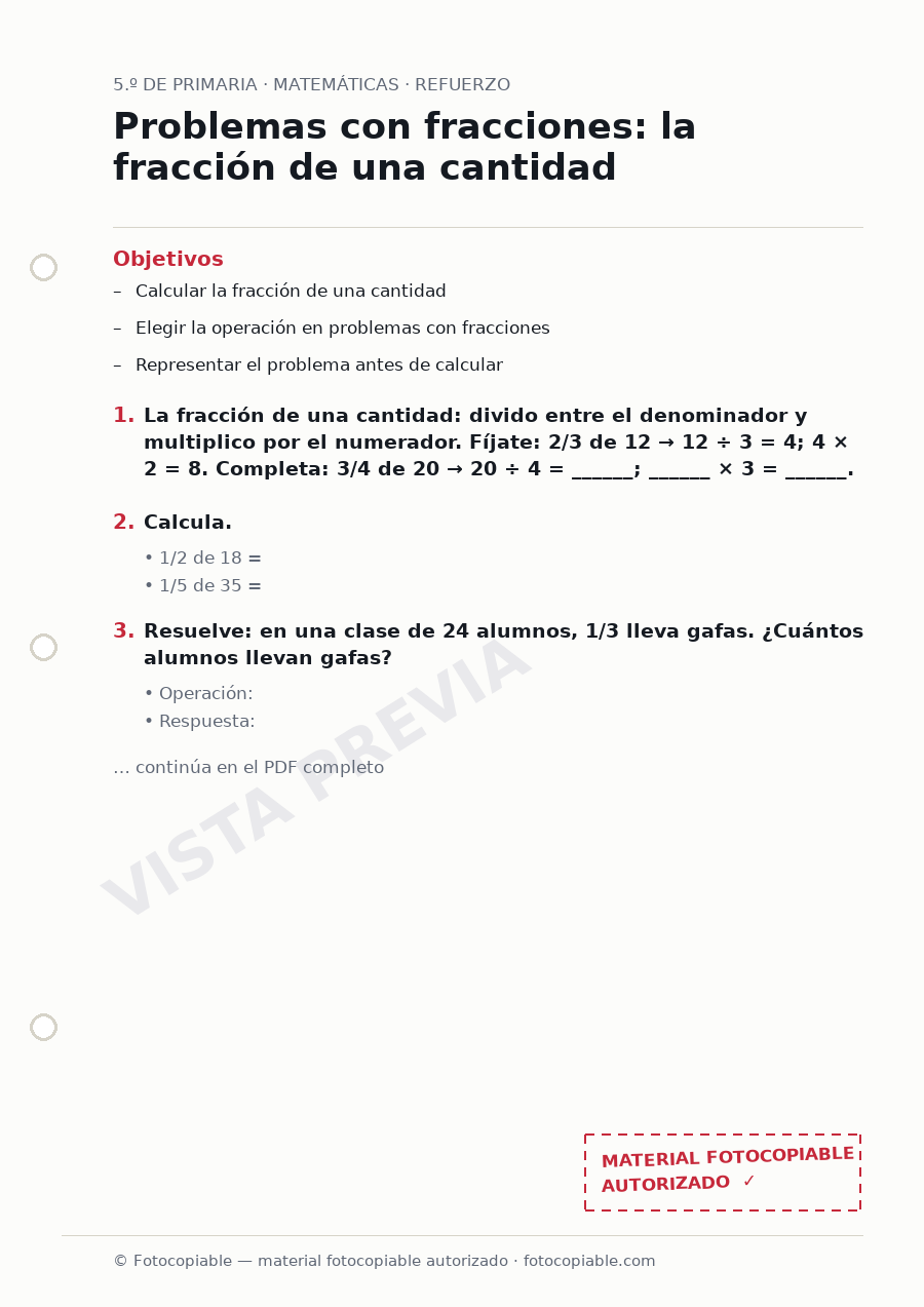 Vista previa de la ficha «Problemas con fracciones: la fracción de una cantidad»