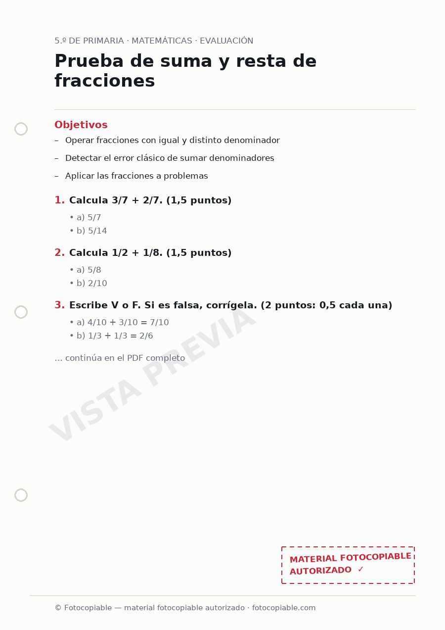 Vista previa de la ficha «Prueba de suma y resta de fracciones»