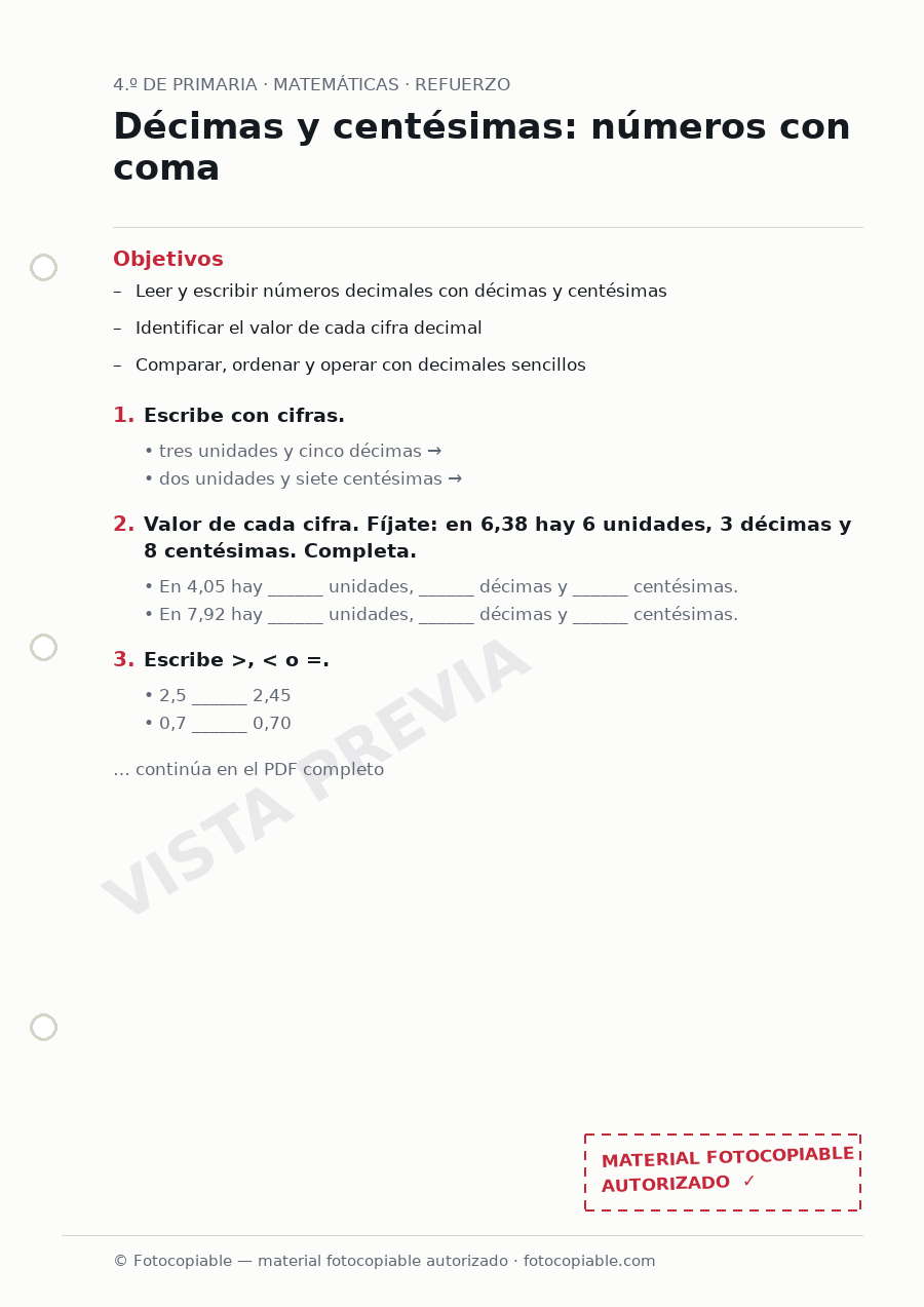 Vista previa de la ficha «Décimas y centésimas: números con coma»