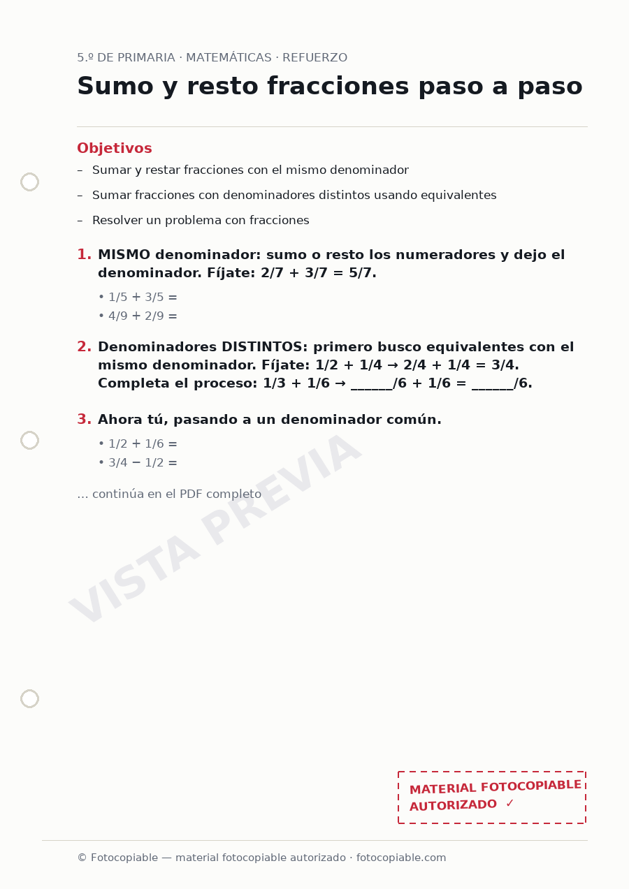 Vista previa de la ficha «Sumo y resto fracciones paso a paso»