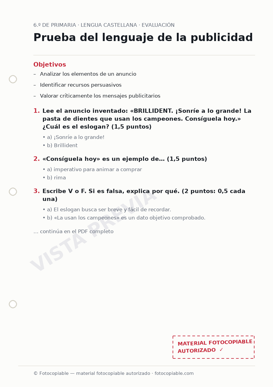 Vista previa de la ficha «Prueba del lenguaje de la publicidad»