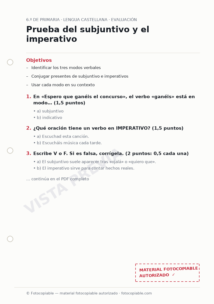 Vista previa de la ficha «Prueba del subjuntivo y el imperativo»