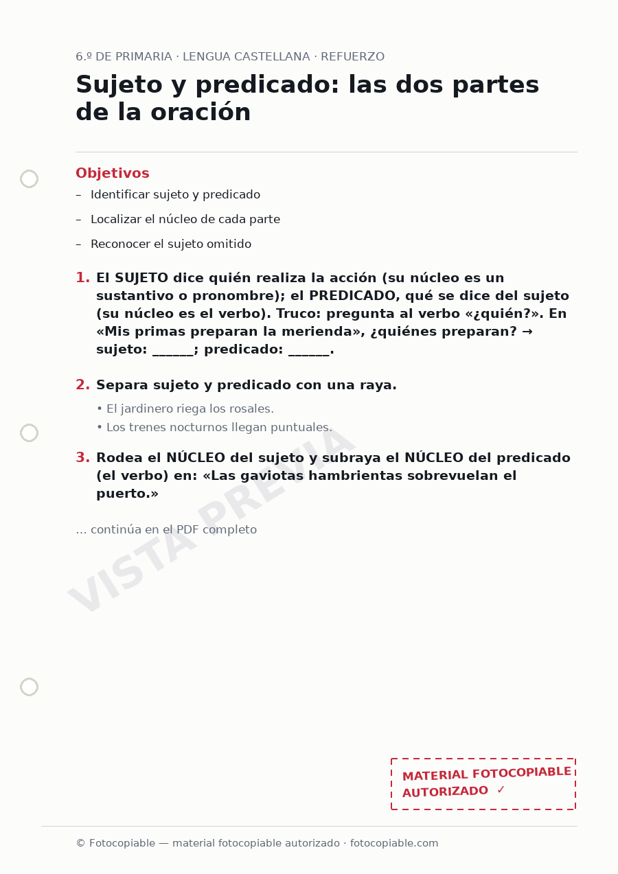 Vista previa de la ficha «Sujeto y predicado: las dos partes de la oración»