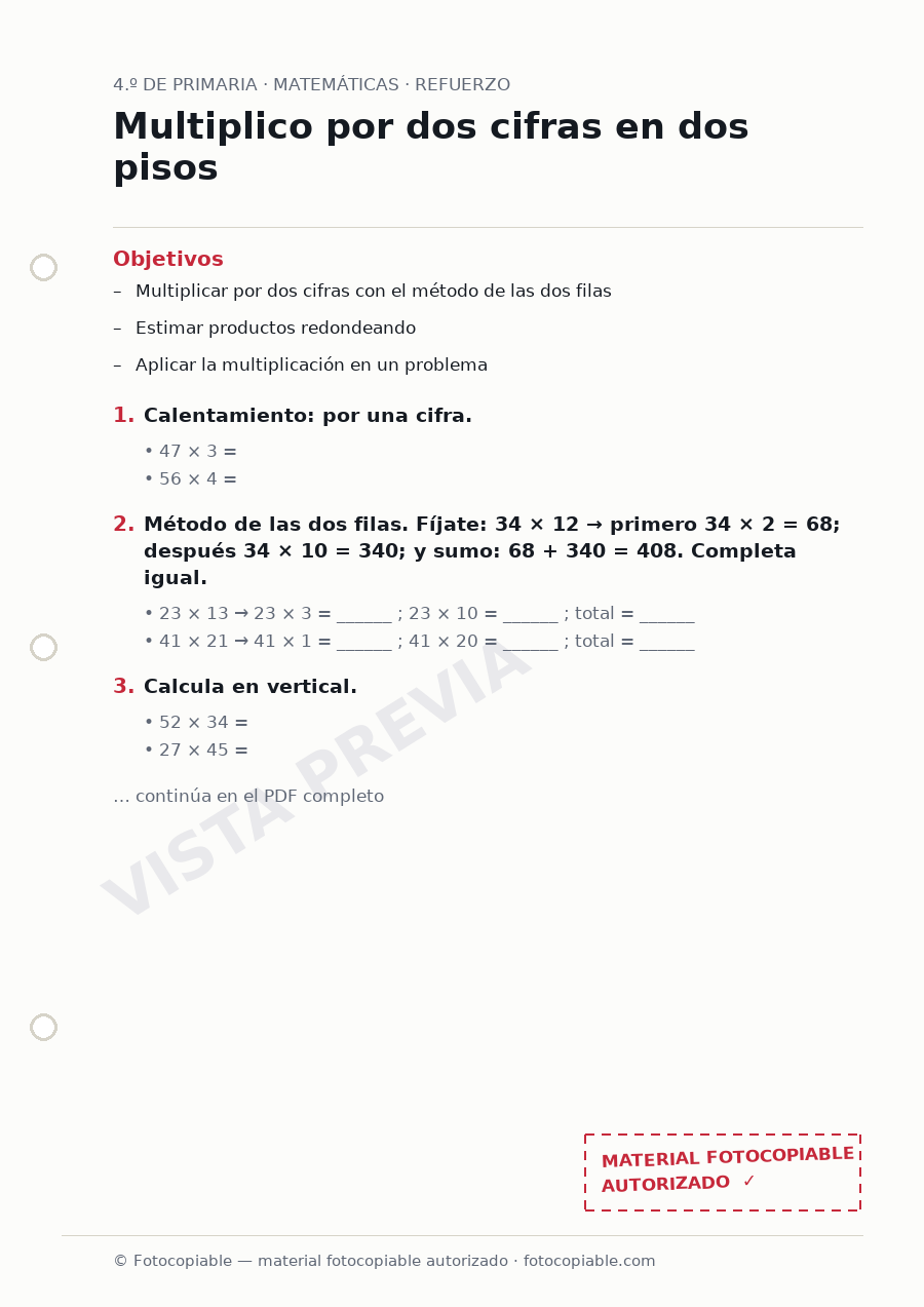 Vista previa de la ficha «Multiplico por dos cifras en dos pisos»