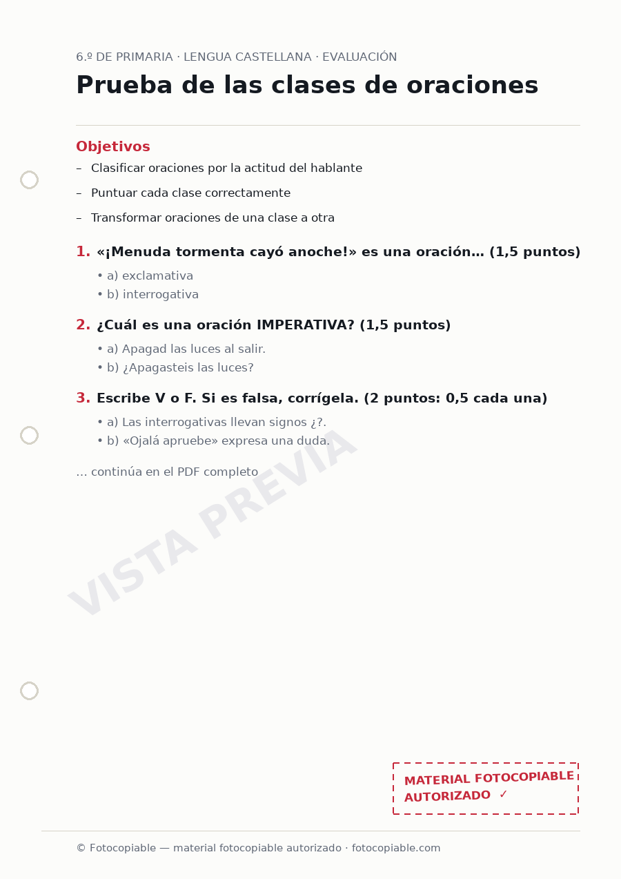 Vista previa de la ficha «Prueba de las clases de oraciones»