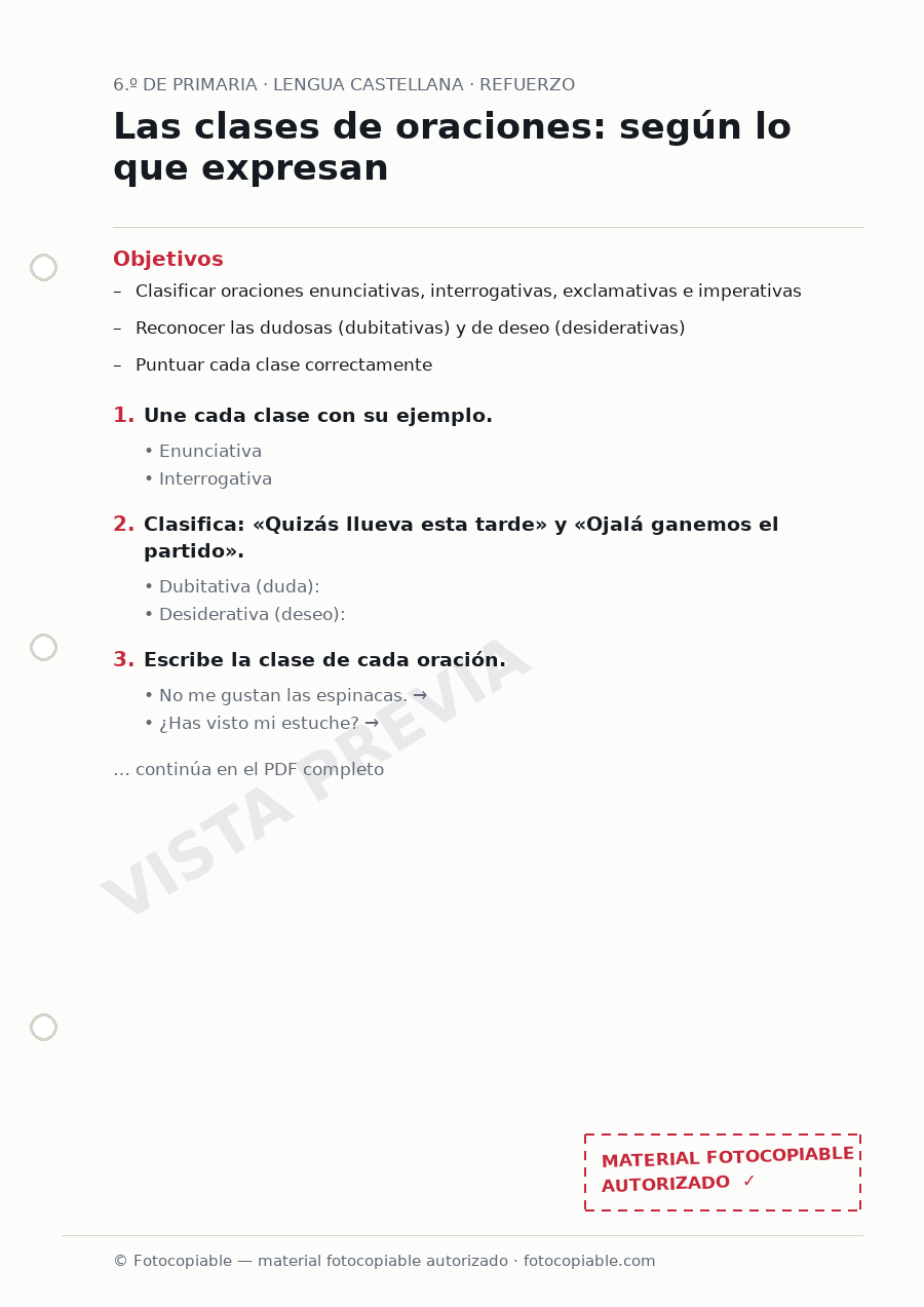 Vista previa de la ficha «Las clases de oraciones: según lo que expresan»