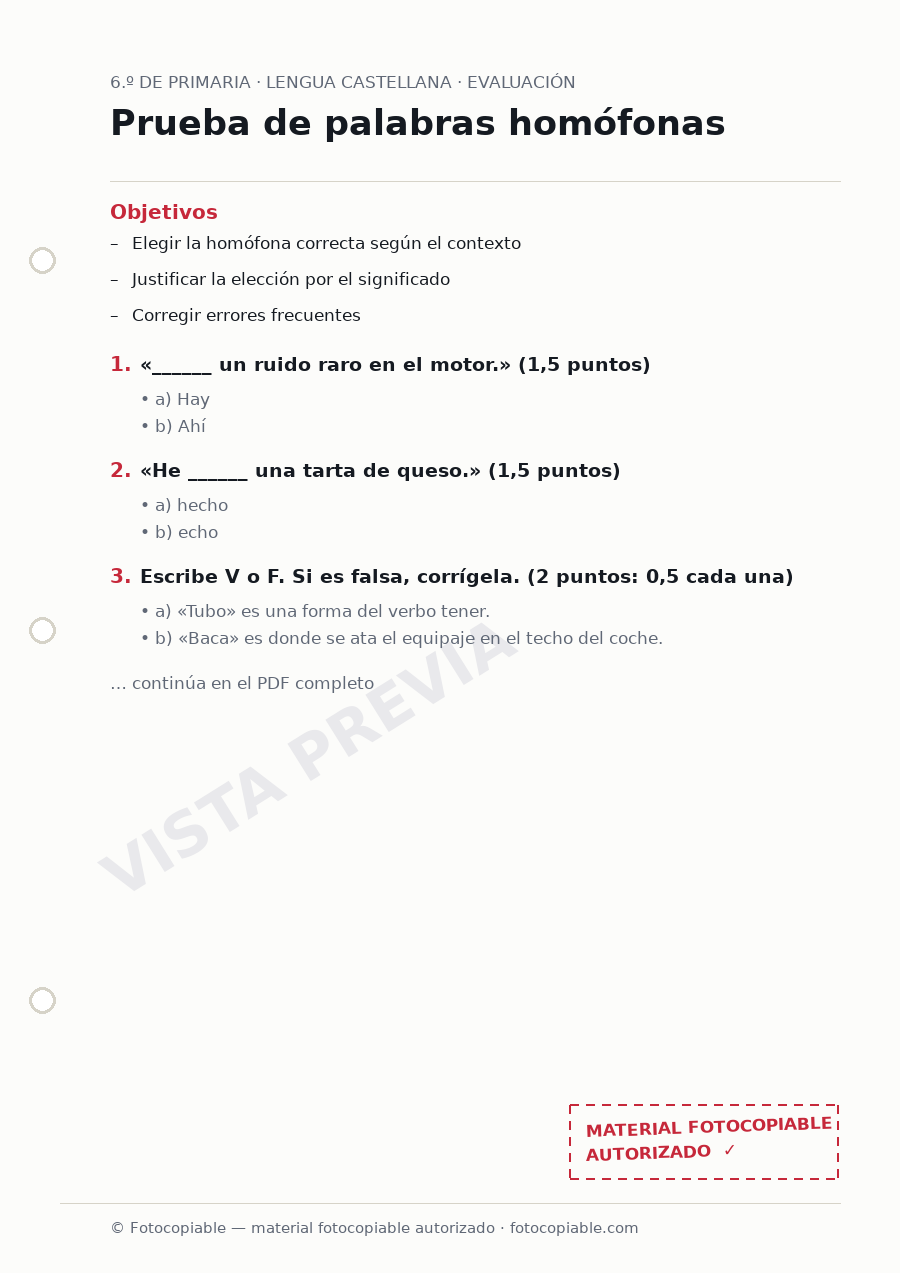 Vista previa de la ficha «Prueba de palabras homófonas»