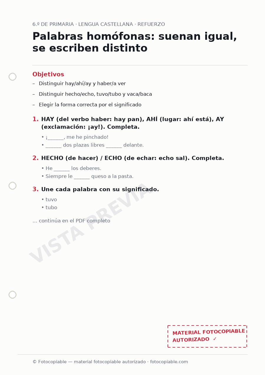 Vista previa de la ficha «Palabras homófonas: suenan igual, se escriben distinto»