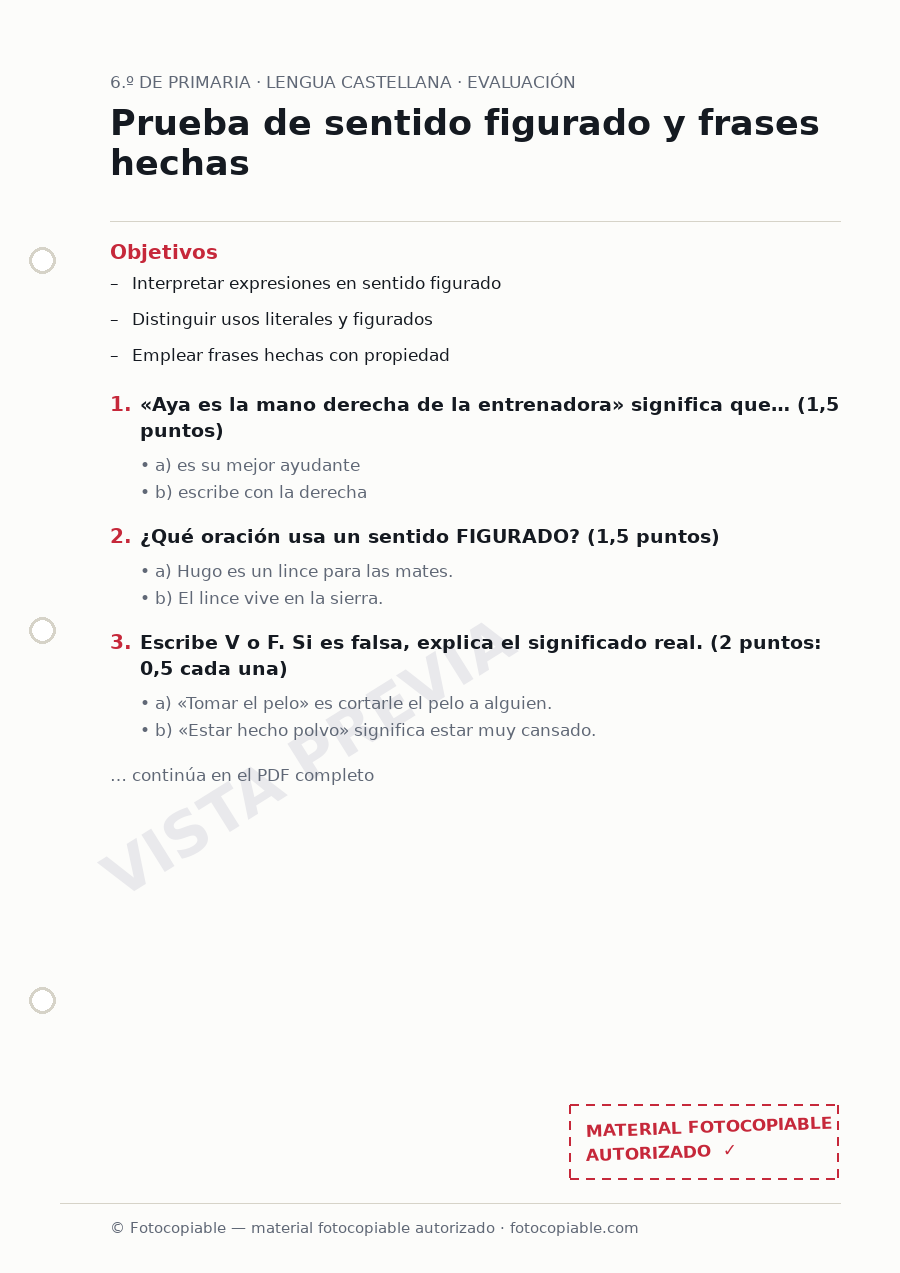 Vista previa de la ficha «Prueba de sentido figurado y frases hechas»
