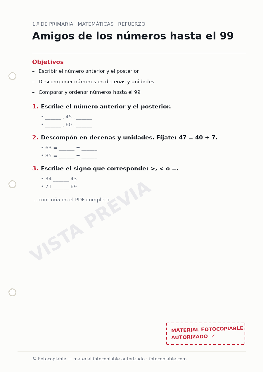 Vista previa de la ficha «Amigos de los números hasta el 99»