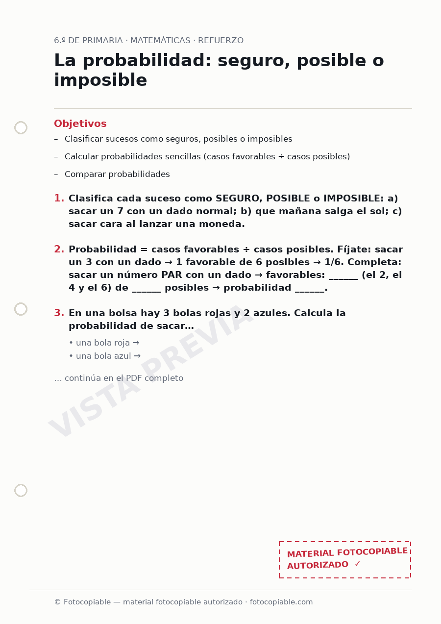 Vista previa de la ficha «La probabilidad: seguro, posible o imposible»