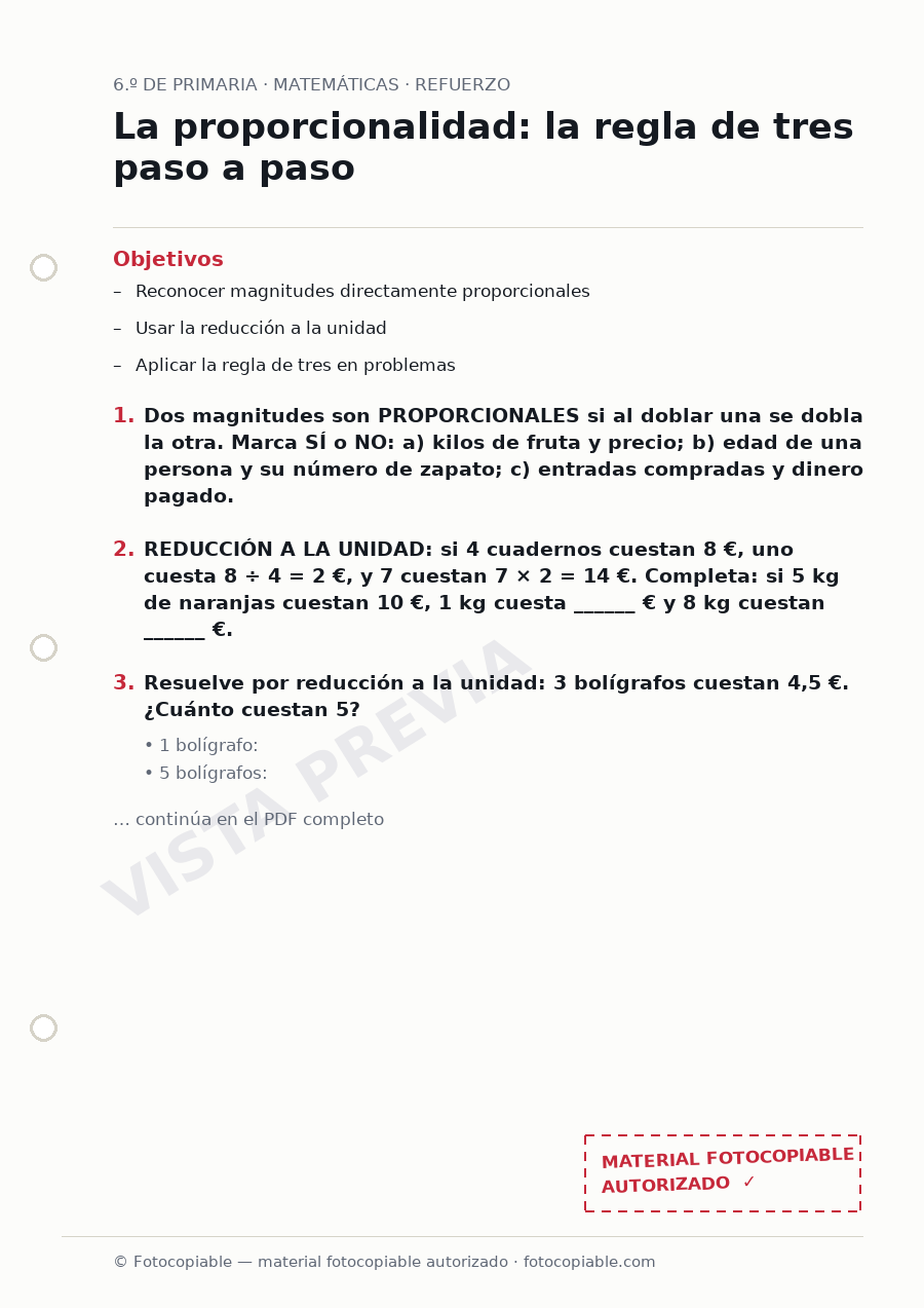 Vista previa de la ficha «La proporcionalidad: la regla de tres paso a paso»