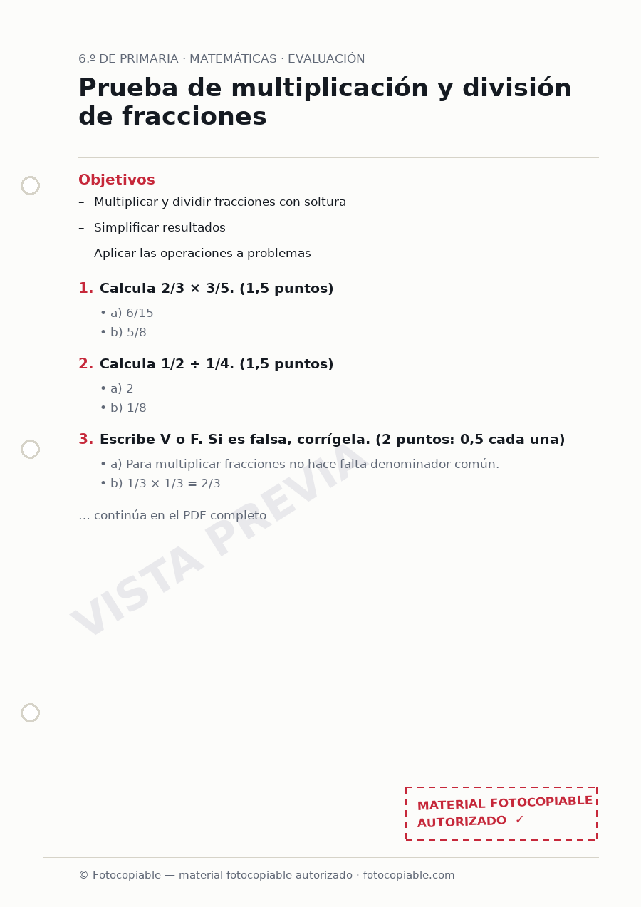 Vista previa de la ficha «Prueba de multiplicación y división de fracciones»