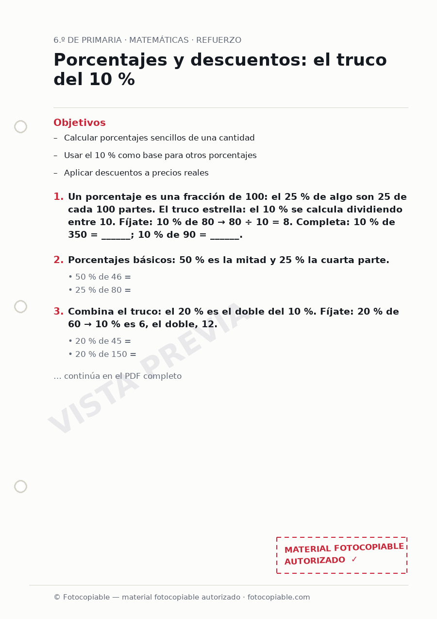 Vista previa de la ficha «Porcentajes y descuentos: el truco del 10 %»
