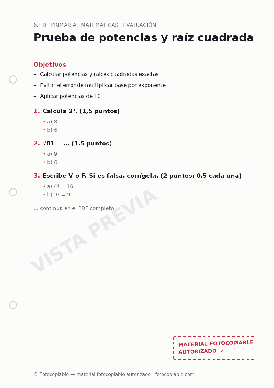 Vista previa de la ficha «Prueba de potencias y raíz cuadrada»