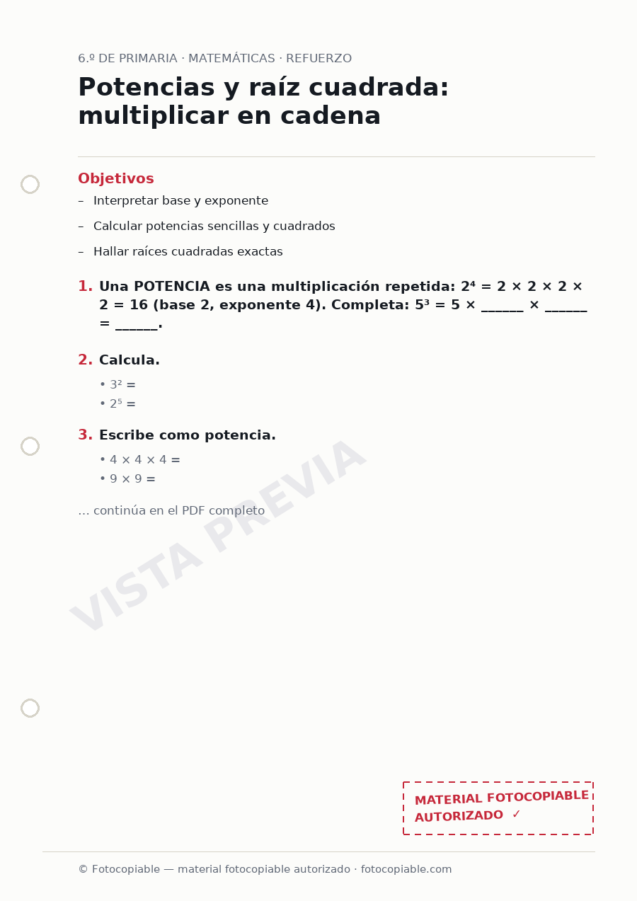 Vista previa de la ficha «Potencias y raíz cuadrada: multiplicar en cadena»