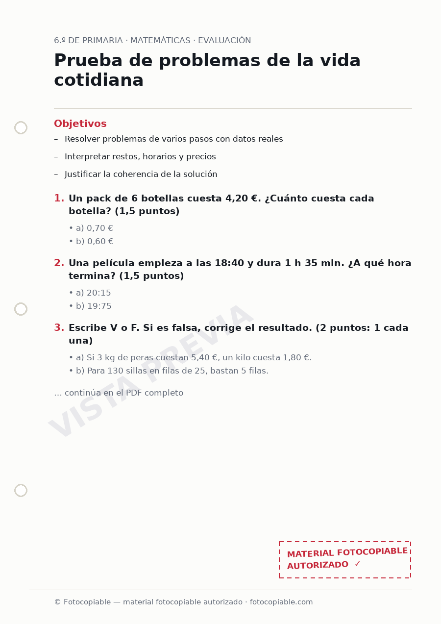 Vista previa de la ficha «Prueba de problemas de la vida cotidiana»