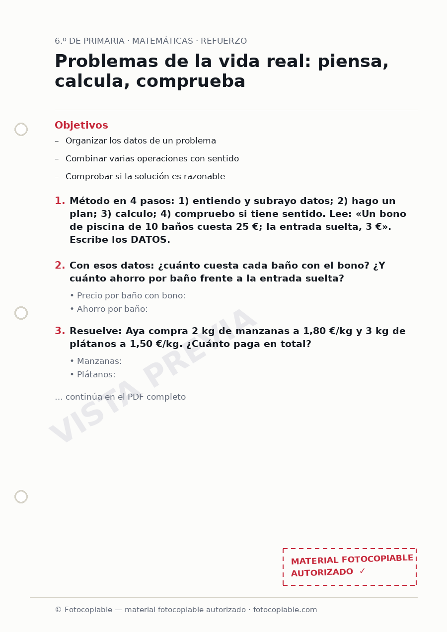 Vista previa de la ficha «Problemas de la vida real: piensa, calcula, comprueba»