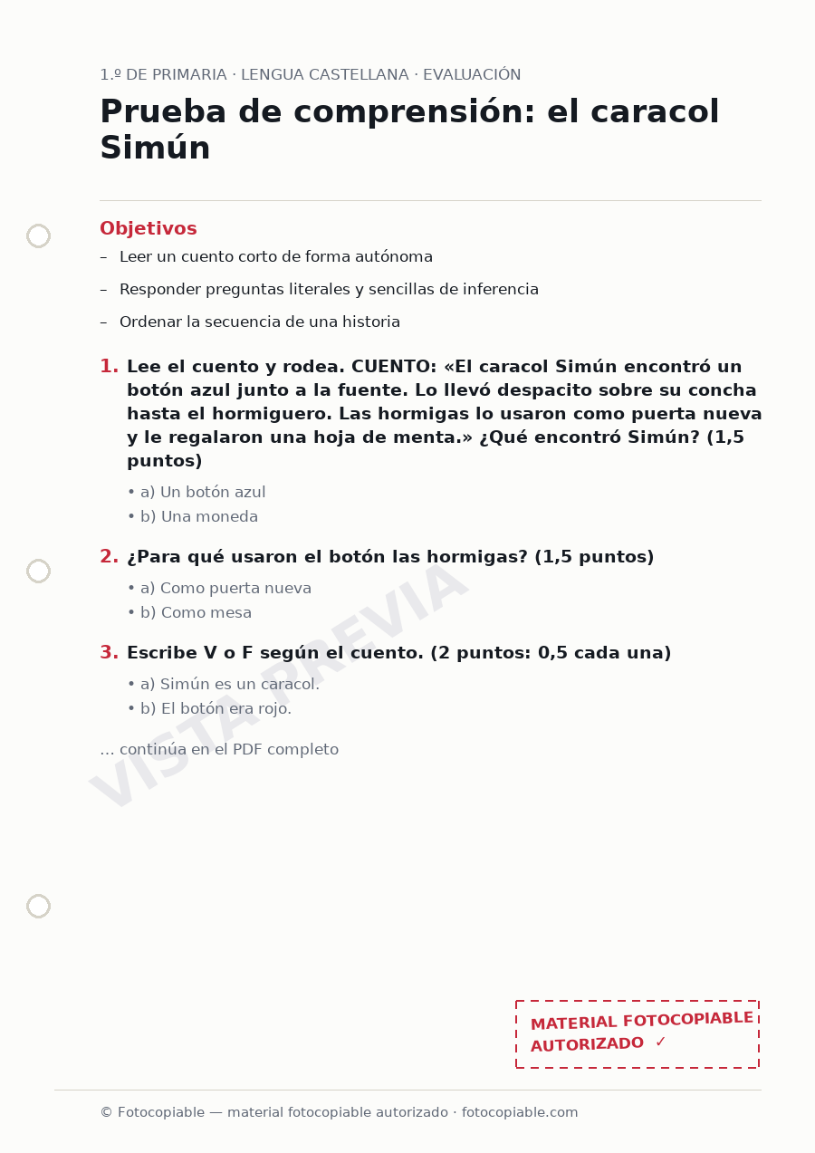 Vista previa de la ficha «Prueba de comprensión: el caracol Simún»