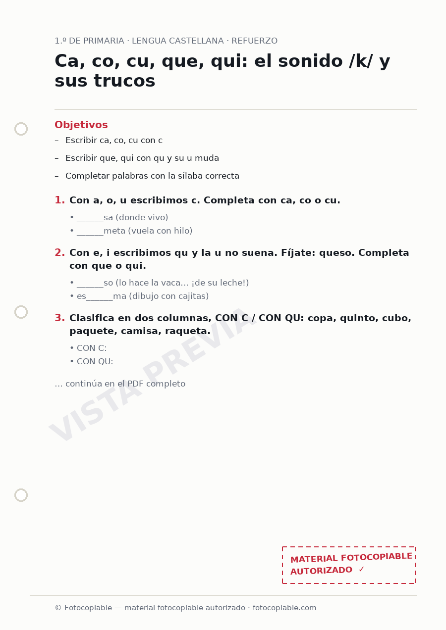 Vista previa de la ficha «Ca, co, cu, que, qui: el sonido /k/ y sus trucos»