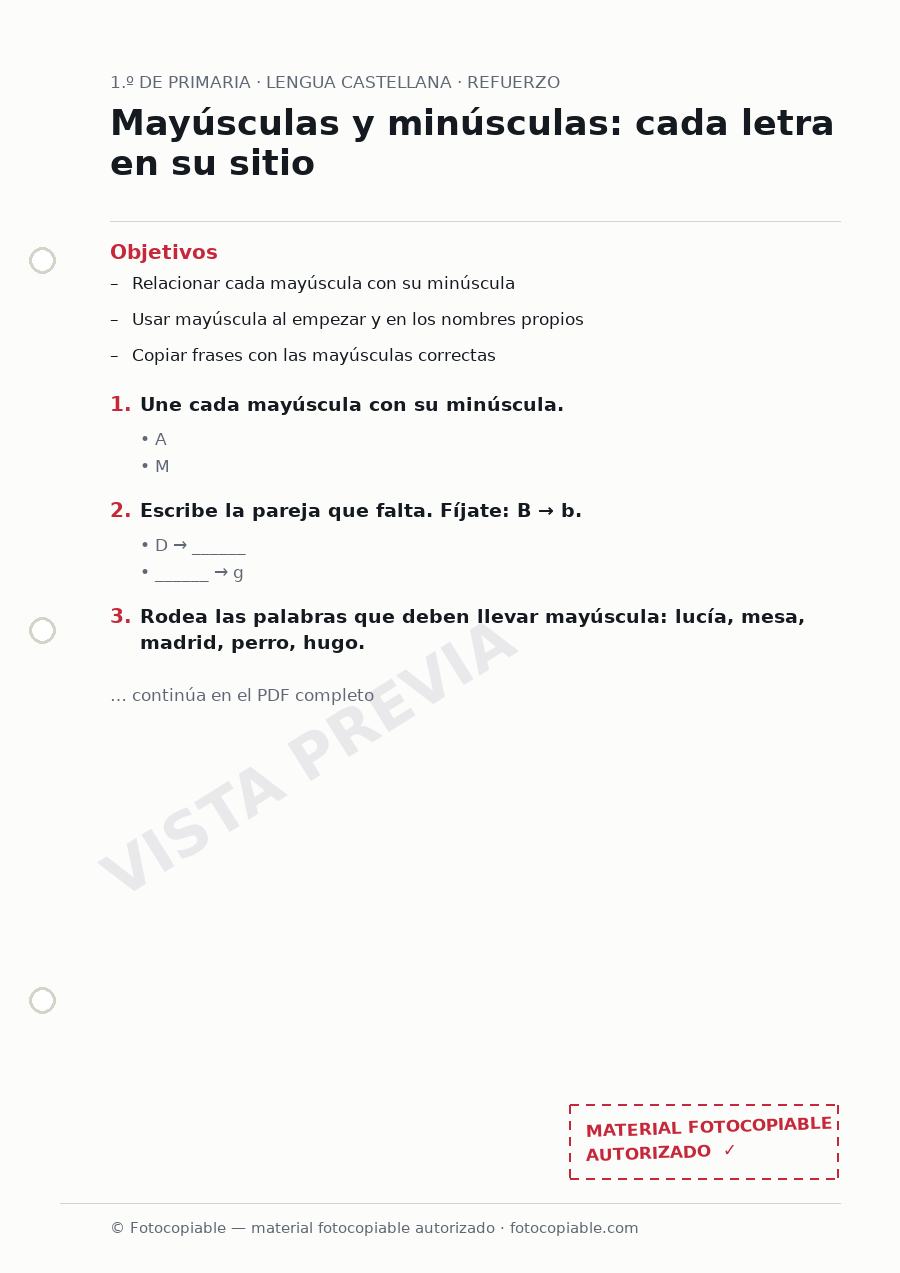 Vista previa de la ficha «Mayúsculas y minúsculas: cada letra en su sitio»