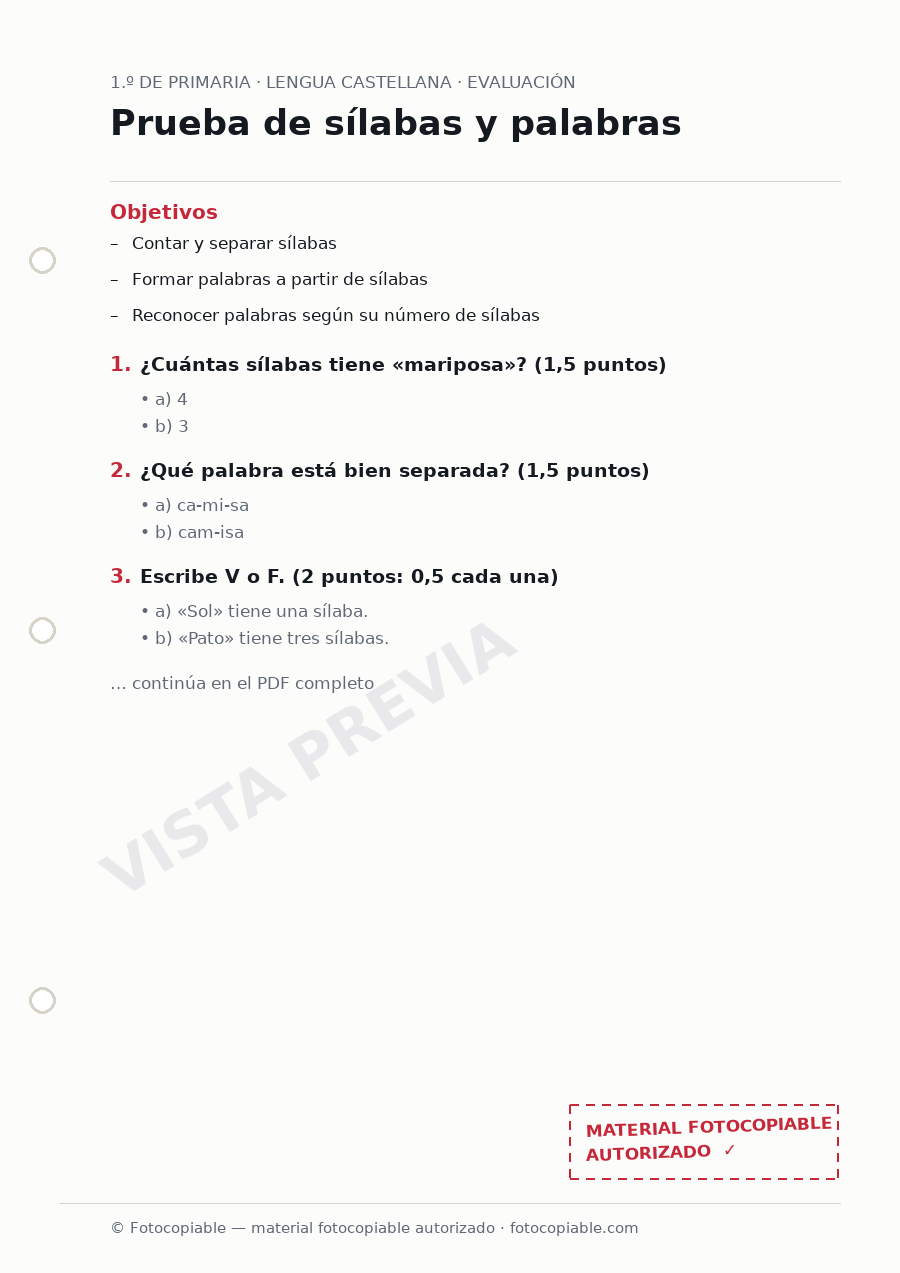 Vista previa de la ficha «Prueba de sílabas y palabras»