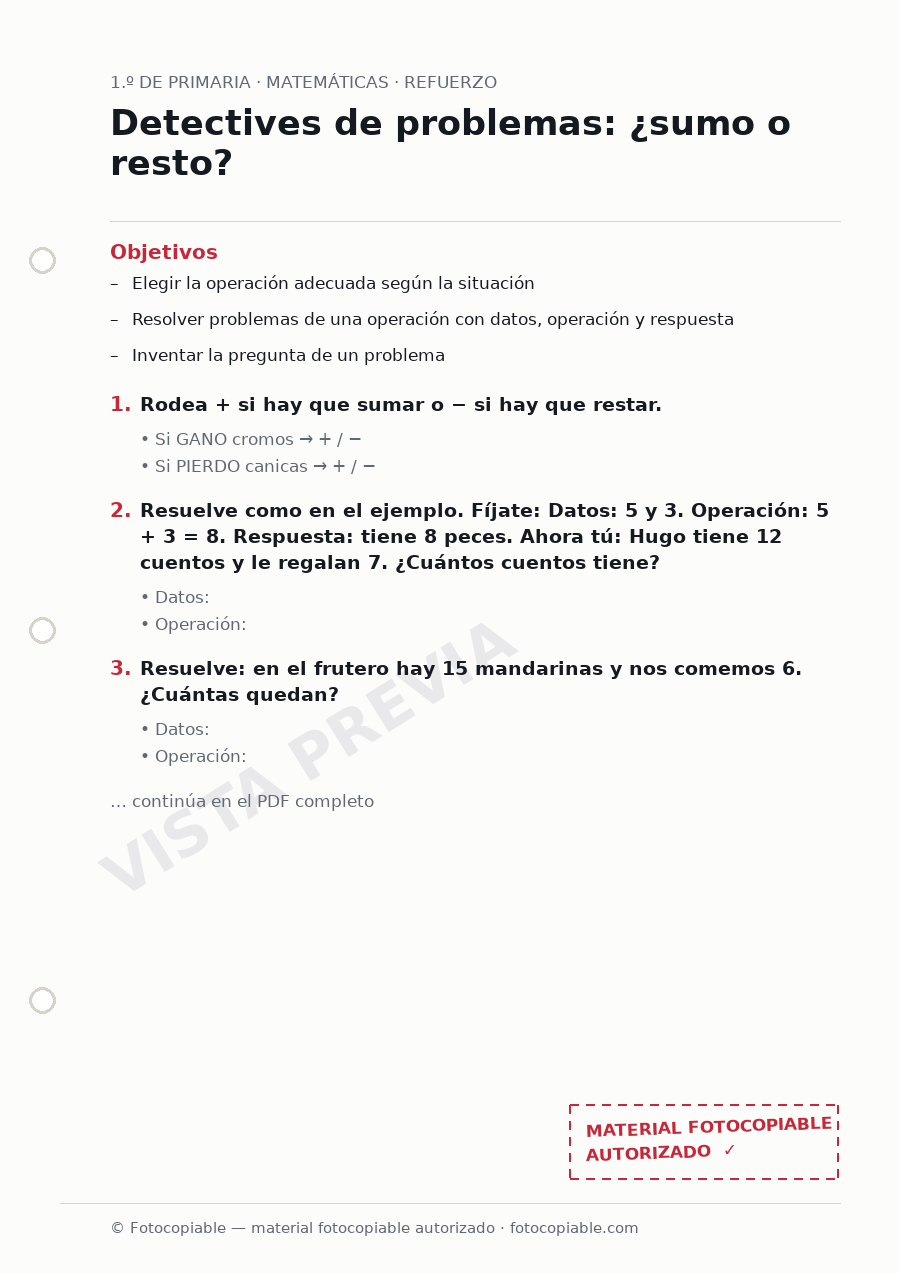 Vista previa de la ficha «Detectives de problemas: ¿sumo o resto?»