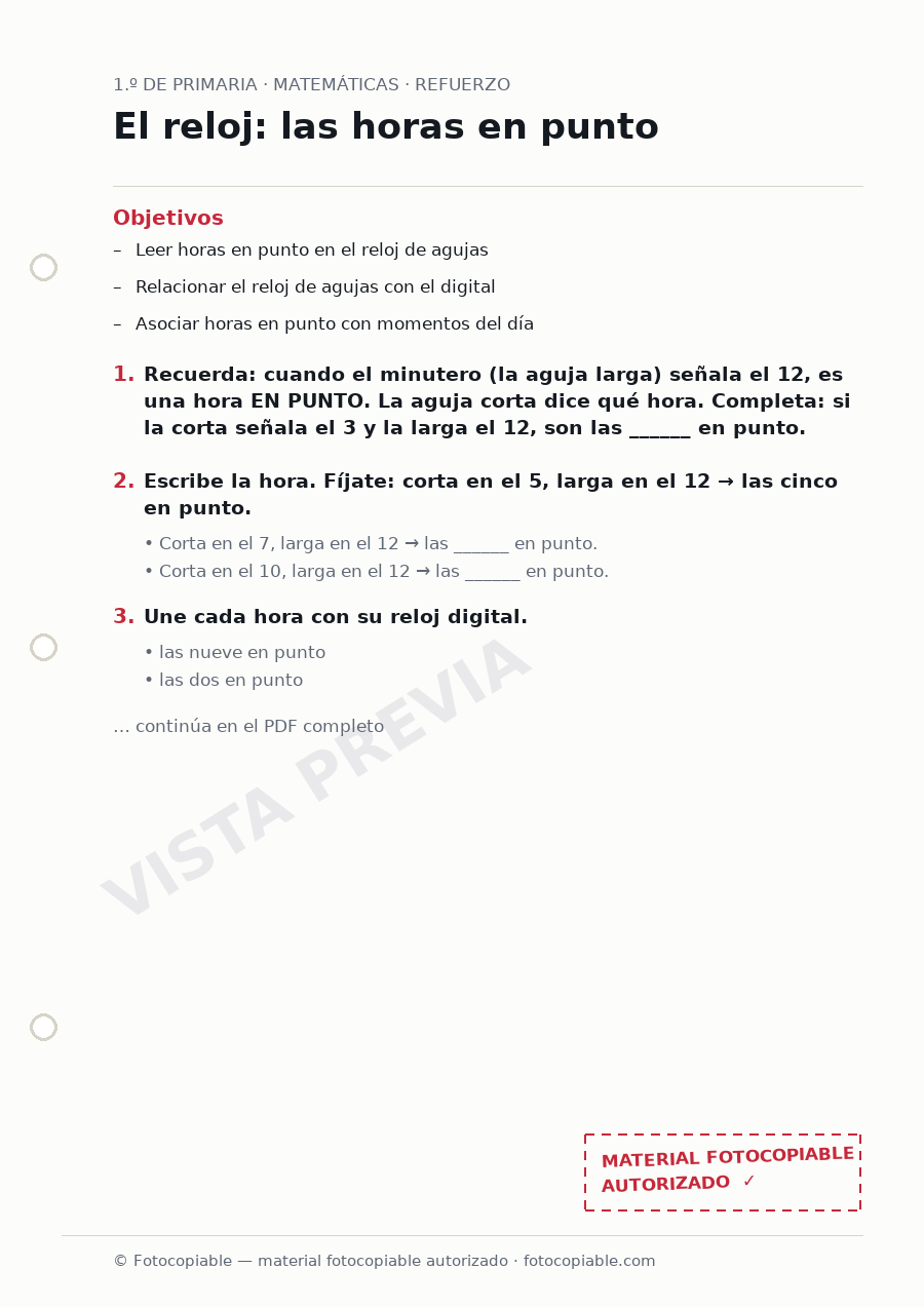 Vista previa de la ficha «El reloj: las horas en punto»