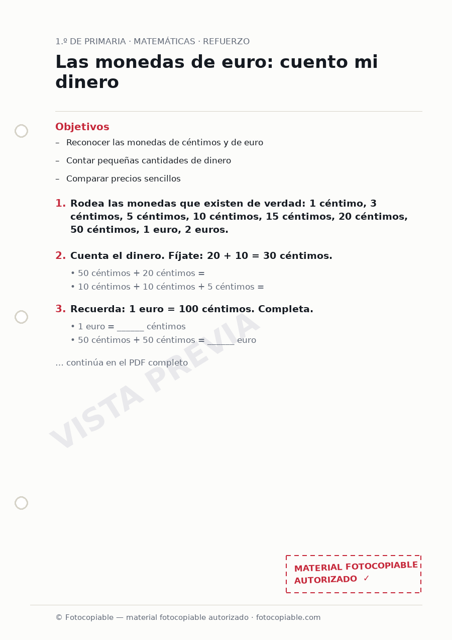Vista previa de la ficha «Las monedas de euro: cuento mi dinero»