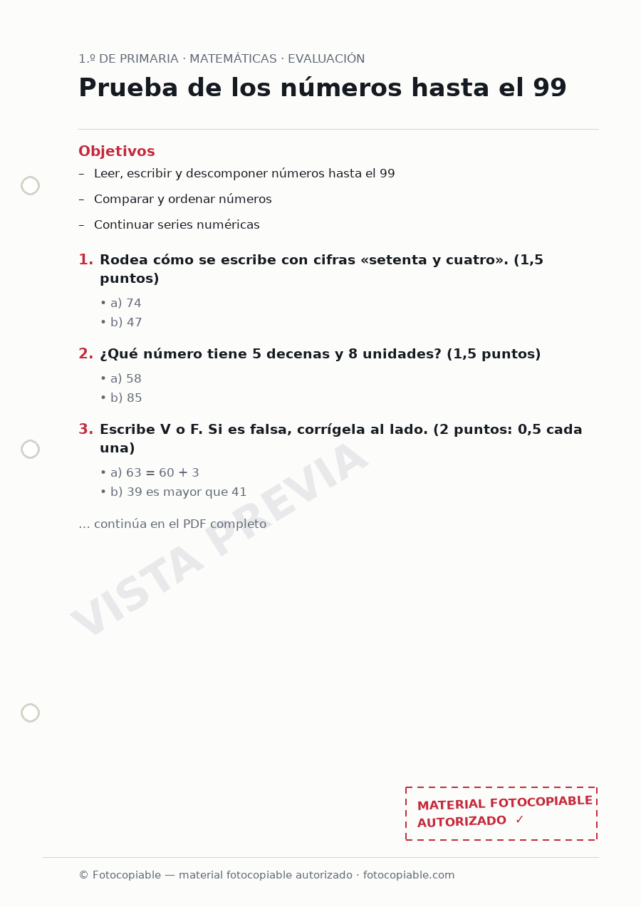 Vista previa de la ficha «Prueba de los números hasta el 99»